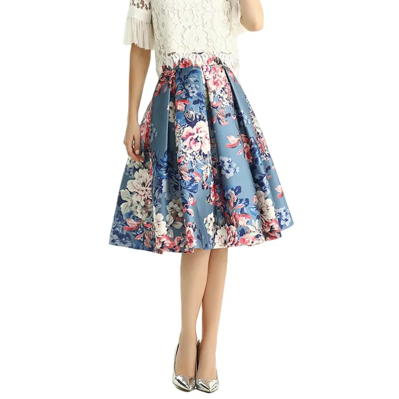 S137 Women floral print inverted pleat A-line midi skirt