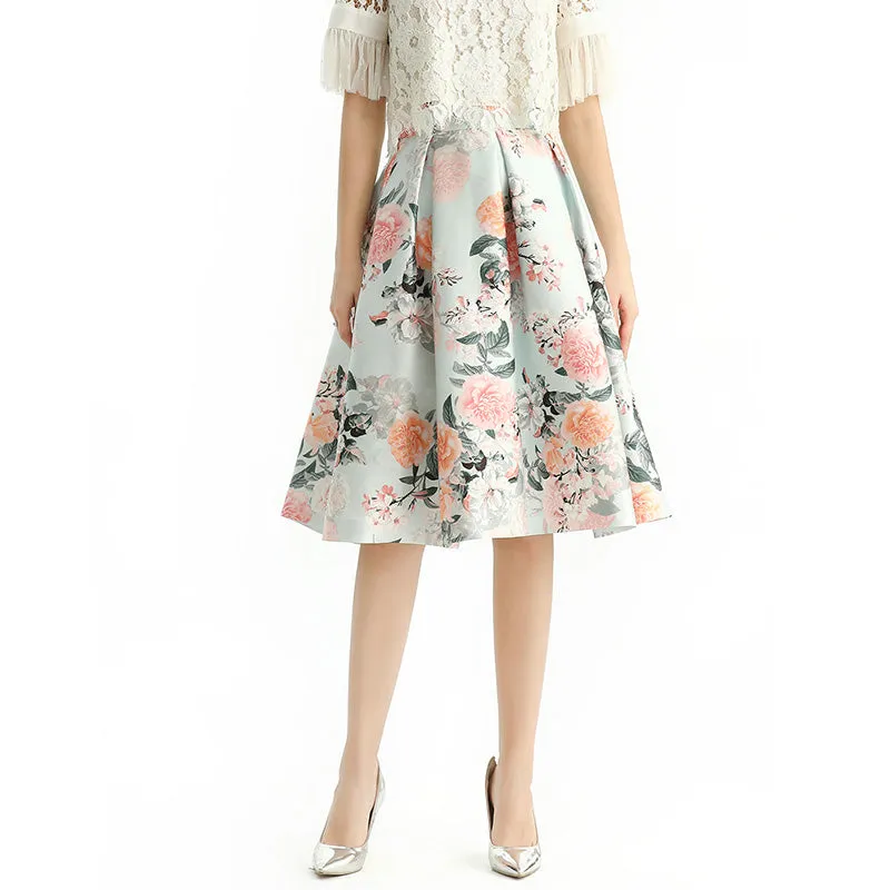 S137 Women floral print inverted pleat A-line midi skirt