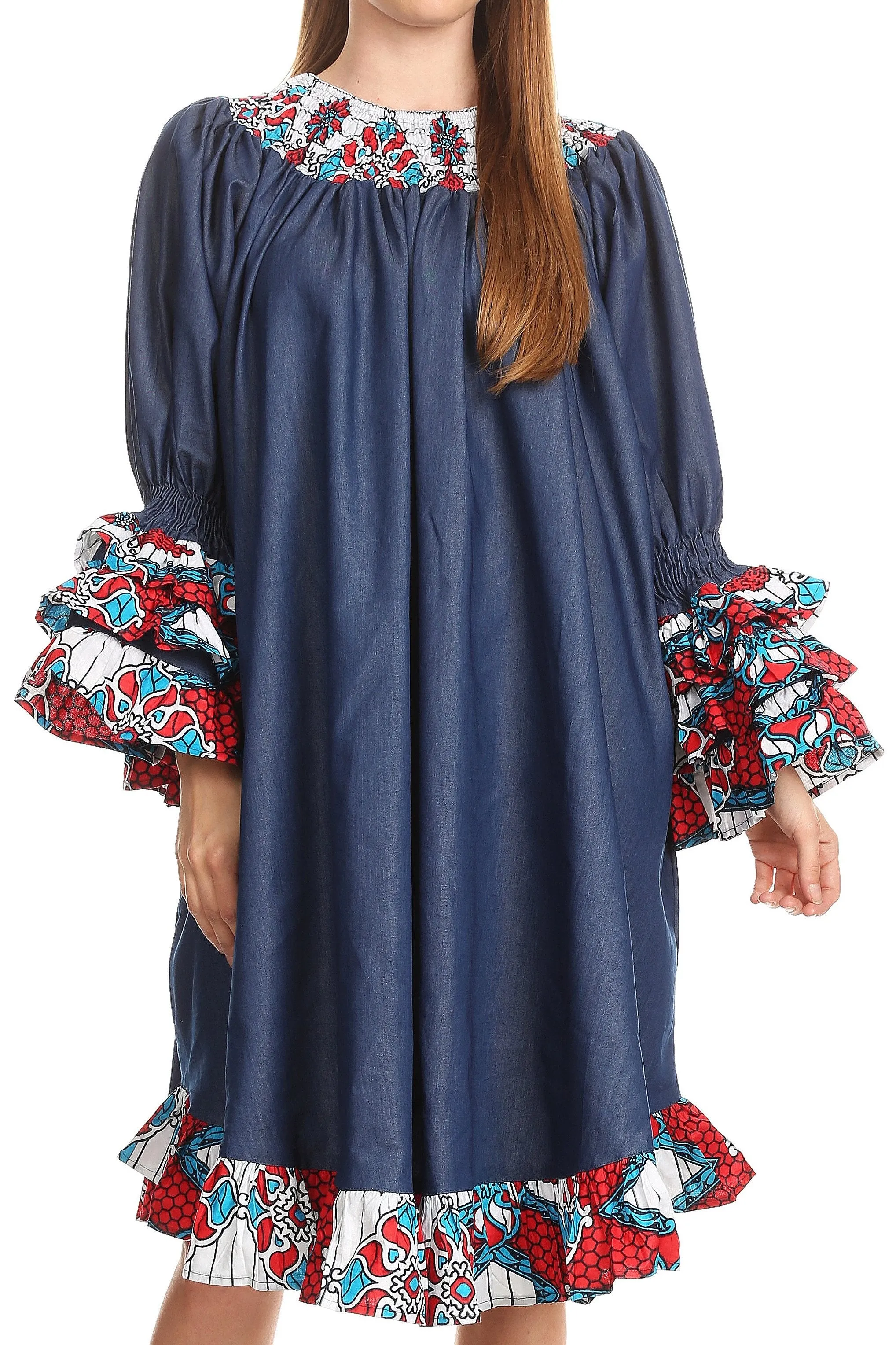 Sakkas Folami Chambray and Ankara Wax Dutch Print Muumuu Dress Relax Fit