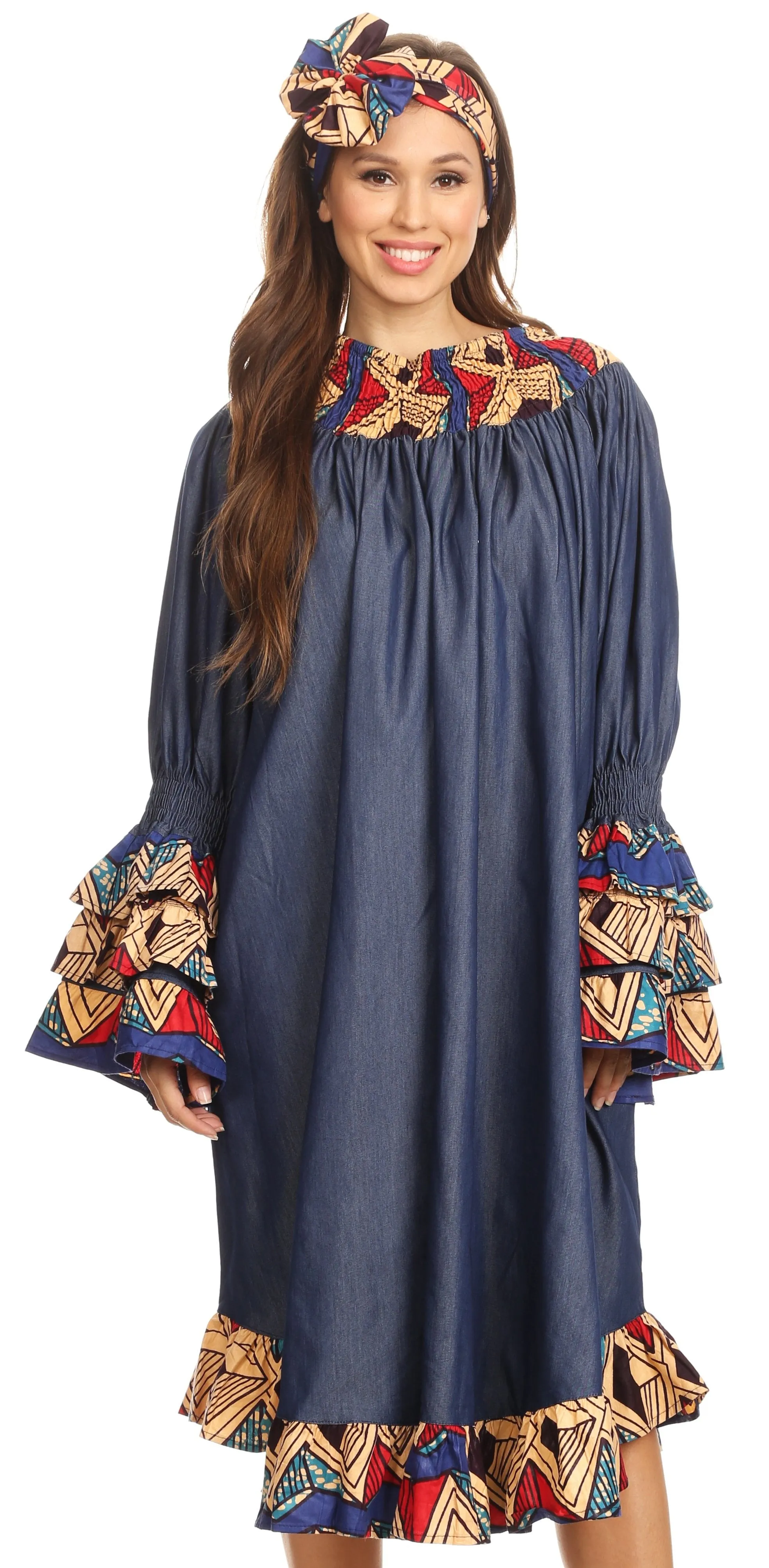 Sakkas Folami Chambray and Ankara Wax Dutch Print Muumuu Dress Relax Fit