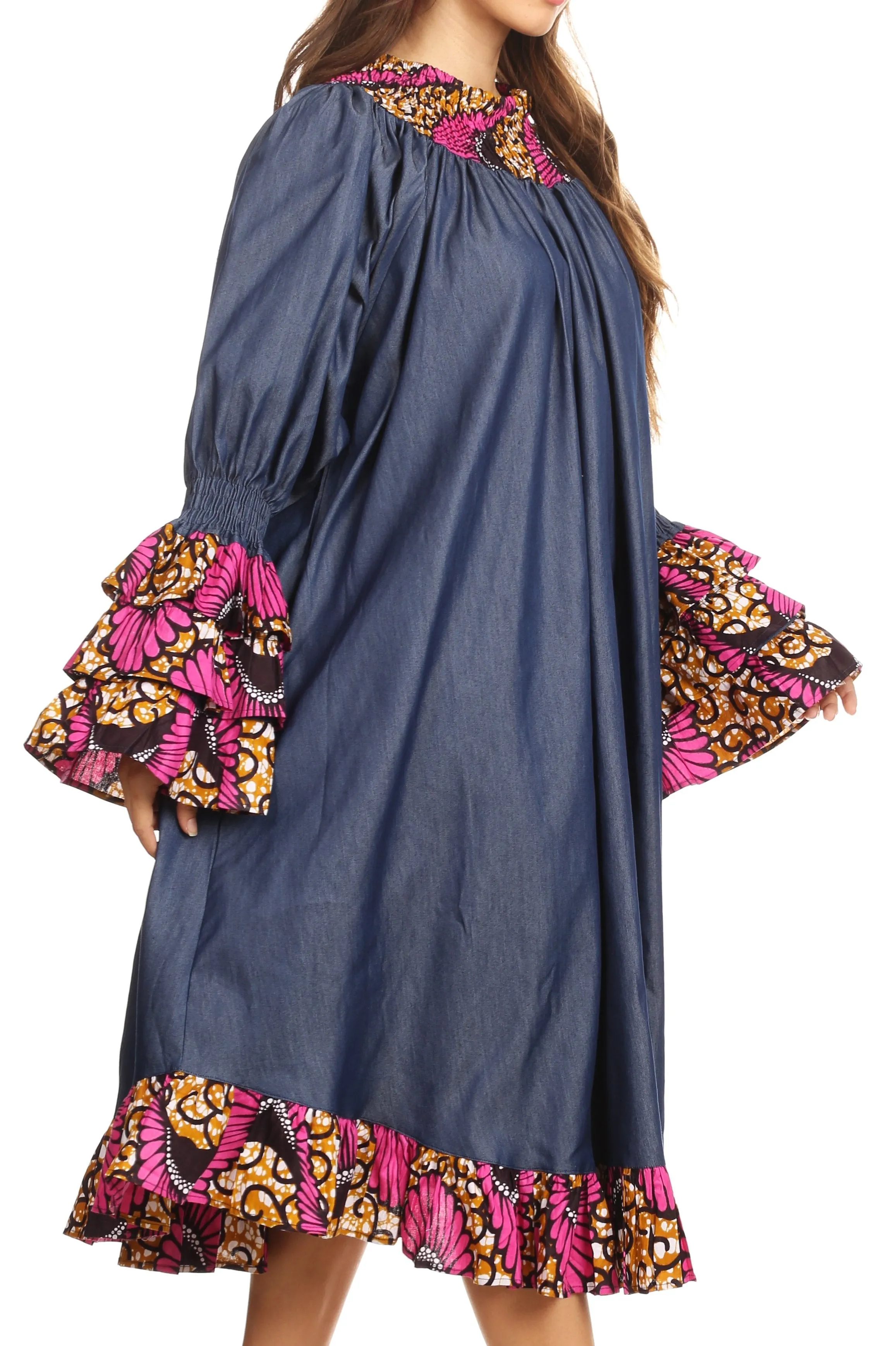 Sakkas Folami Chambray and Ankara Wax Dutch Print Muumuu Dress Relax Fit