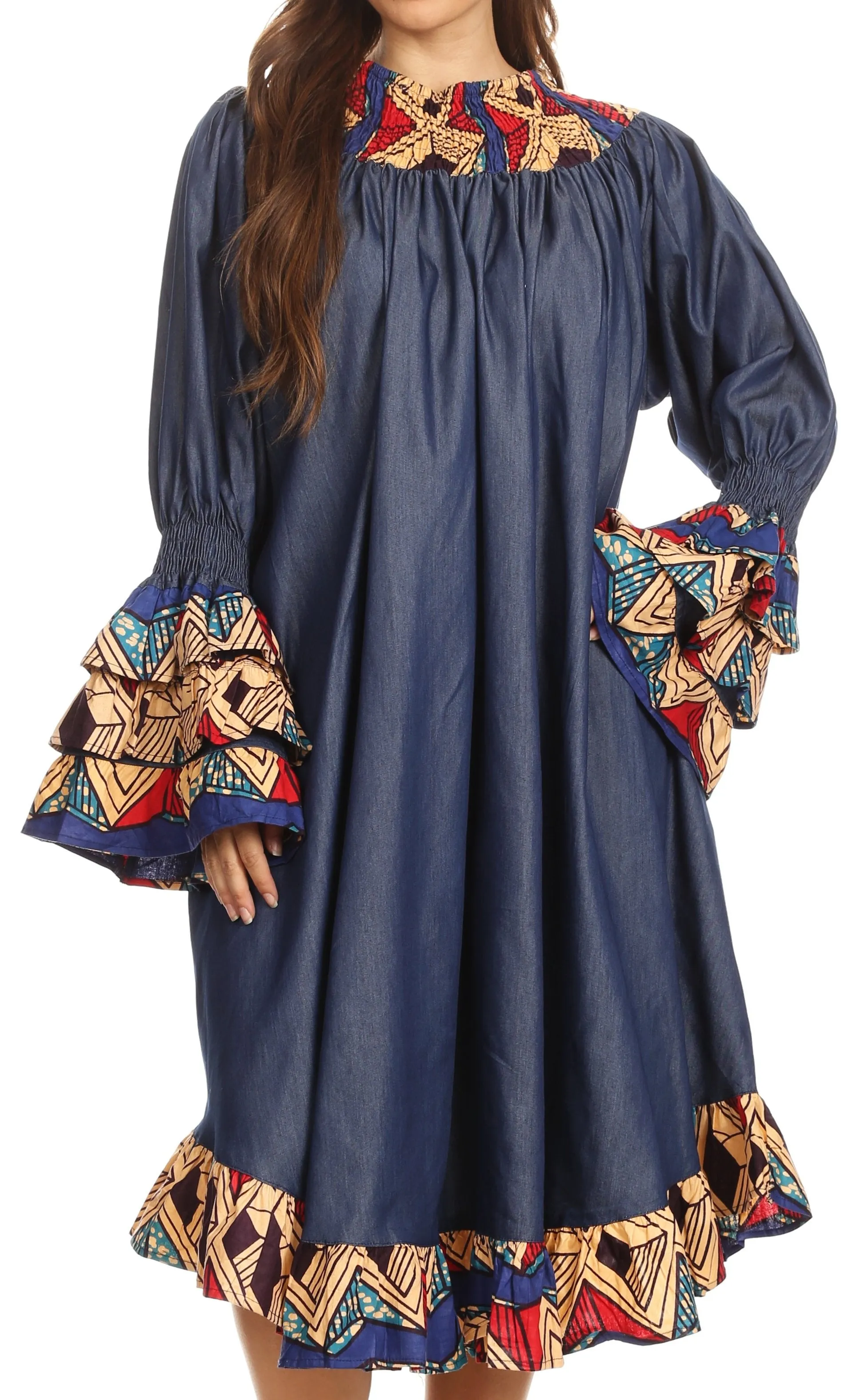 Sakkas Folami Chambray and Ankara Wax Dutch Print Muumuu Dress Relax Fit