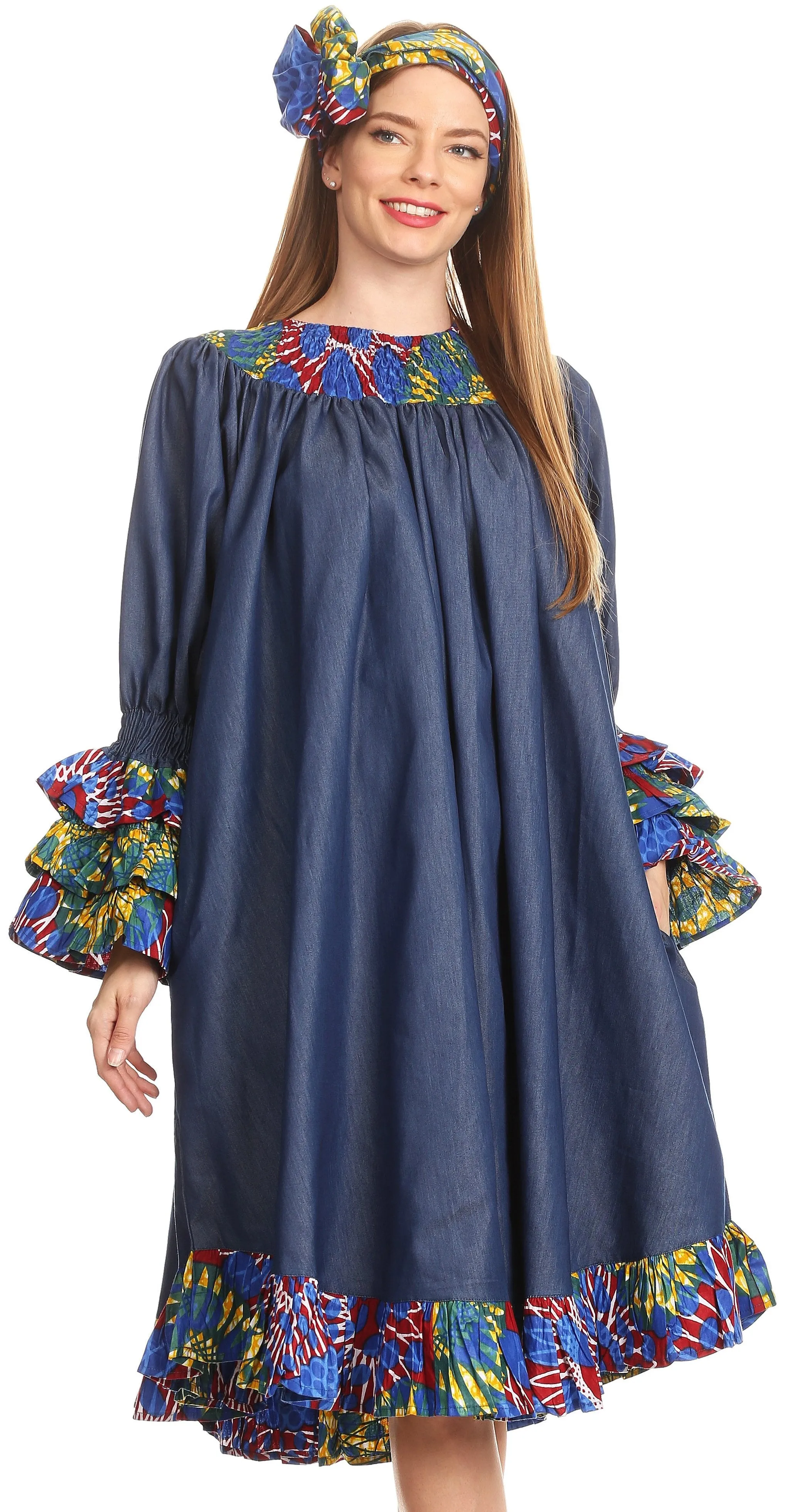 Sakkas Folami Chambray and Ankara Wax Dutch Print Muumuu Dress Relax Fit