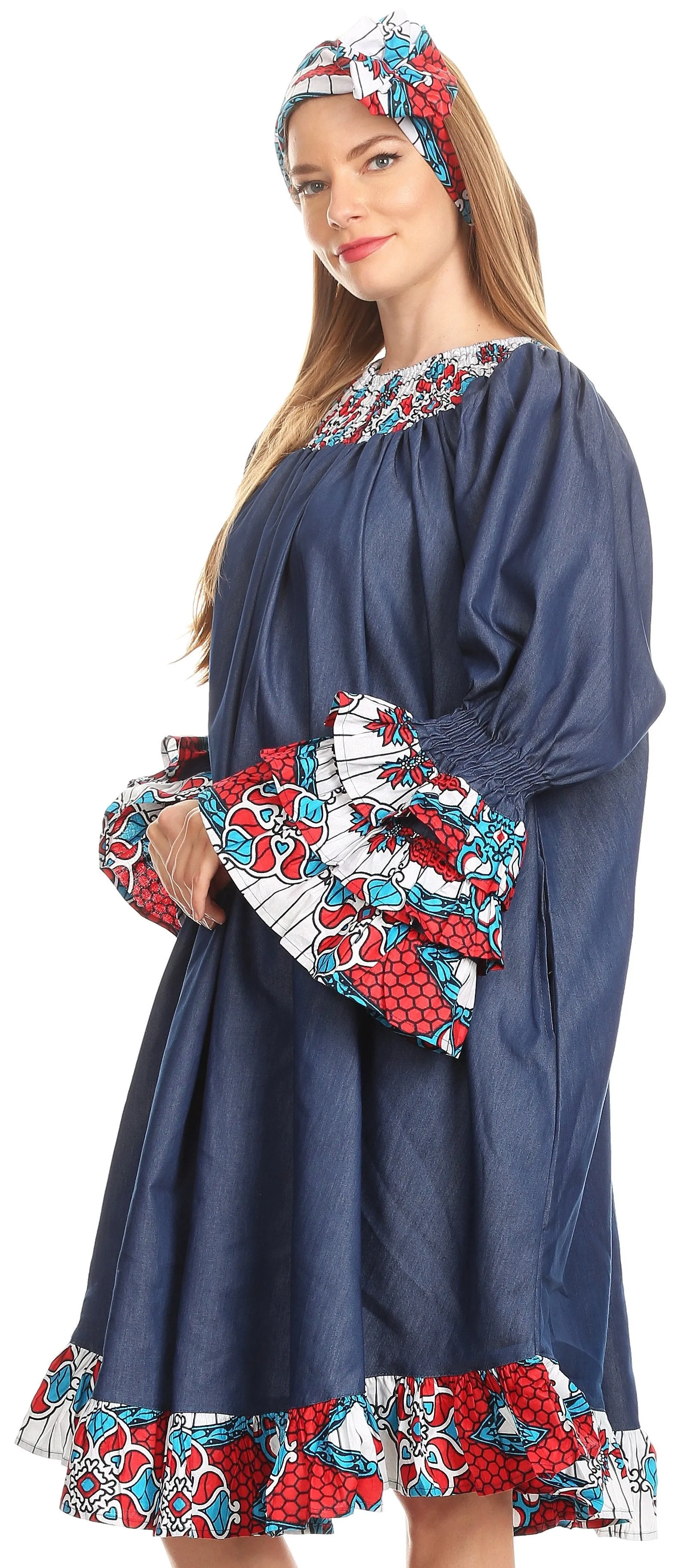 Sakkas Folami Chambray and Ankara Wax Dutch Print Muumuu Dress Relax Fit