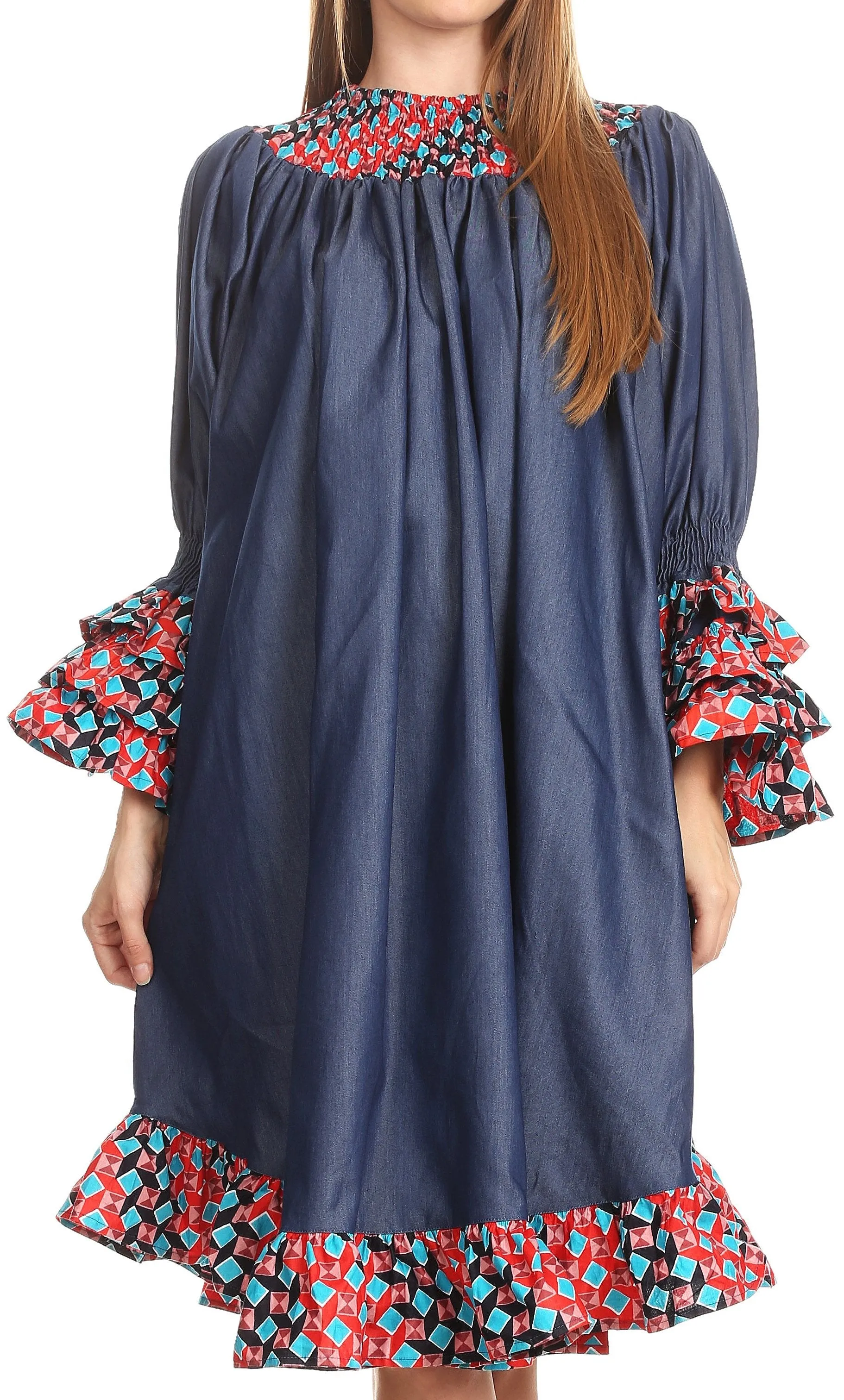 Sakkas Folami Chambray and Ankara Wax Dutch Print Muumuu Dress Relax Fit