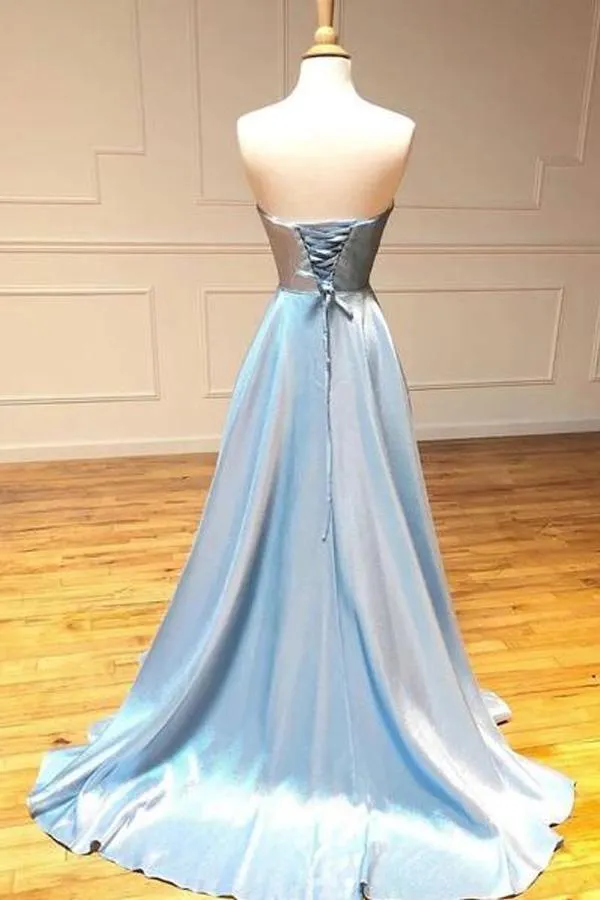 Simple Light Blue Satin Strapless Long A Line Prom Dress  PSK099