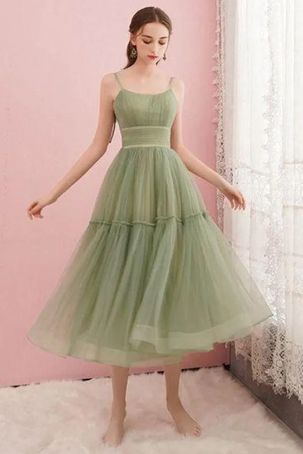 Simple Sage Green Tulle  Round Neck Homecoming Graduation Dresses PD434