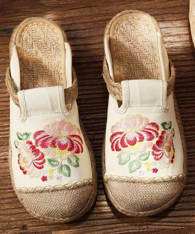 Simple Splicing Flat Shoes Beige Embroideried Cotton Linen Fabric