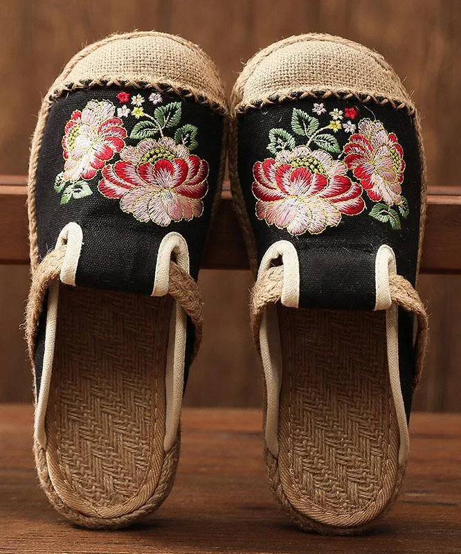 Simple Splicing Flat Shoes Beige Embroideried Cotton Linen Fabric