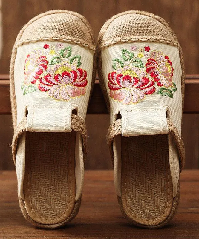 Simple Splicing Flat Shoes Beige Embroideried Cotton Linen Fabric