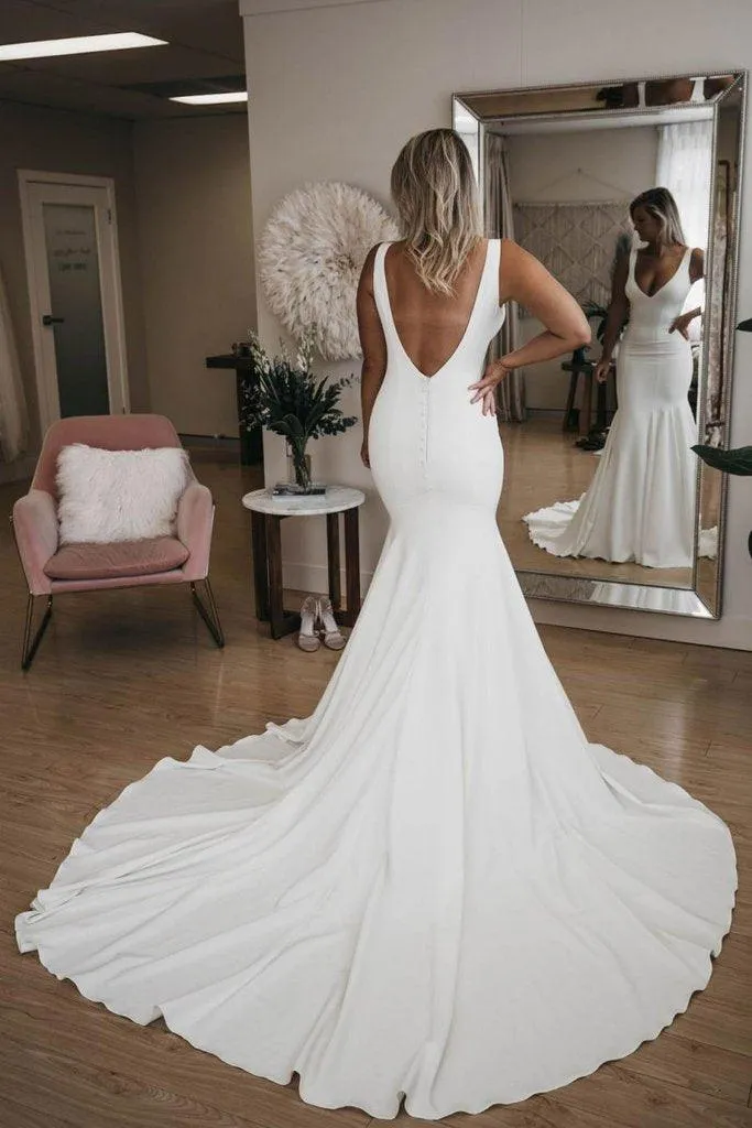 Simple V Neck Mermaid Beach Wedding Dress With Long Train WD575