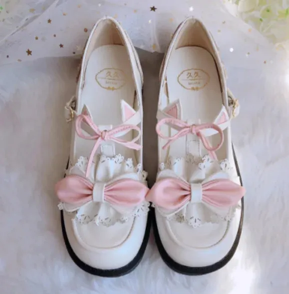 Sohiwoo Lolita Japanese sweet bow round toe Lolita lo shoes kawaii shoes vintage round head comfortable women shoes loli cosplay Lolita