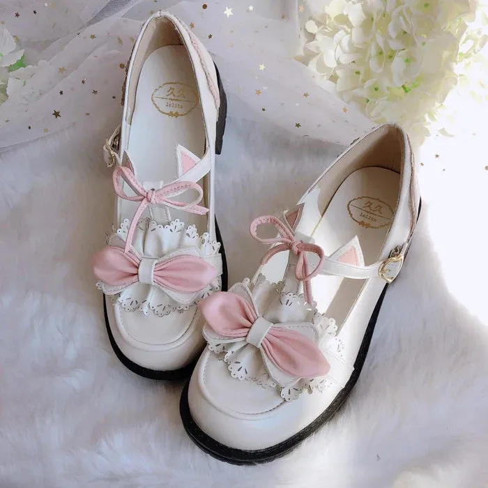 Sohiwoo Lolita Japanese sweet bow round toe Lolita lo shoes kawaii shoes vintage round head comfortable women shoes loli cosplay Lolita