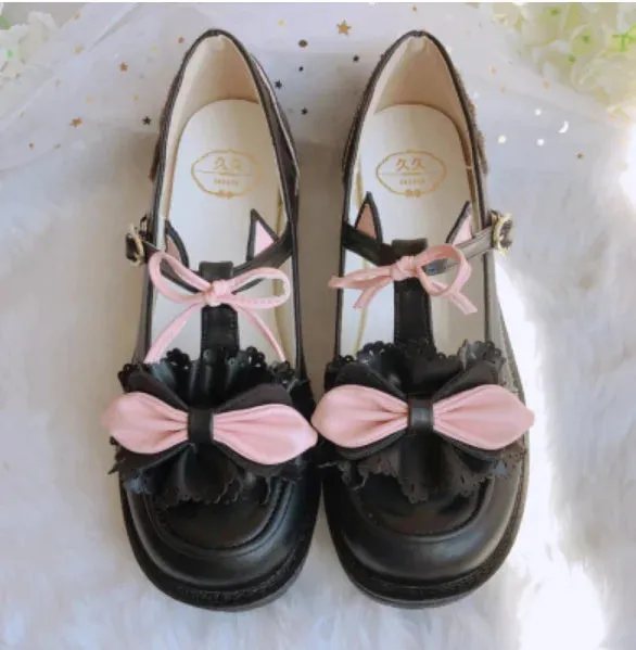 Sohiwoo Lolita Japanese sweet bow round toe Lolita lo shoes kawaii shoes vintage round head comfortable women shoes loli cosplay Lolita