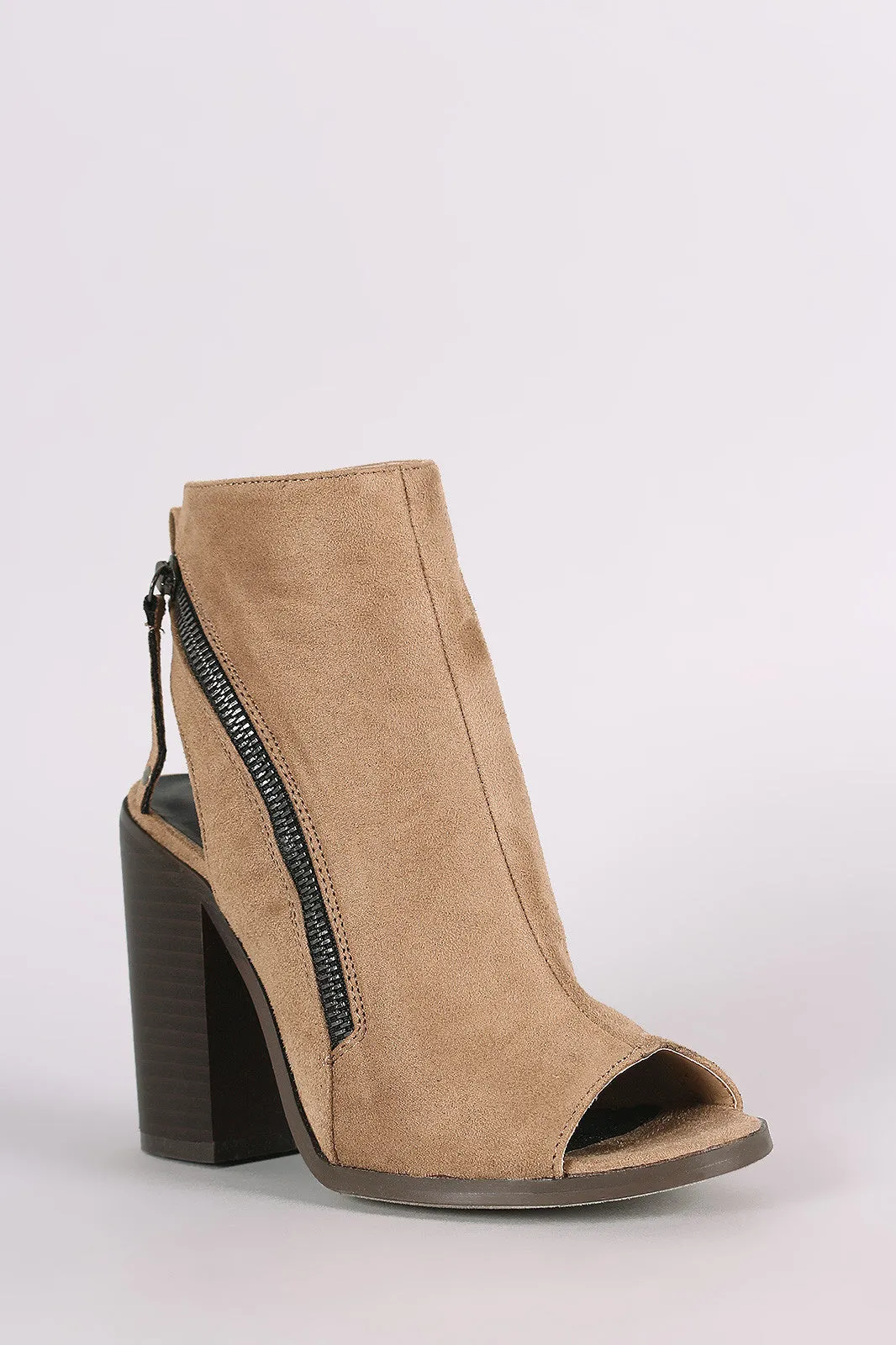 Suede Slanted Zipper Chunky Heeled Booties