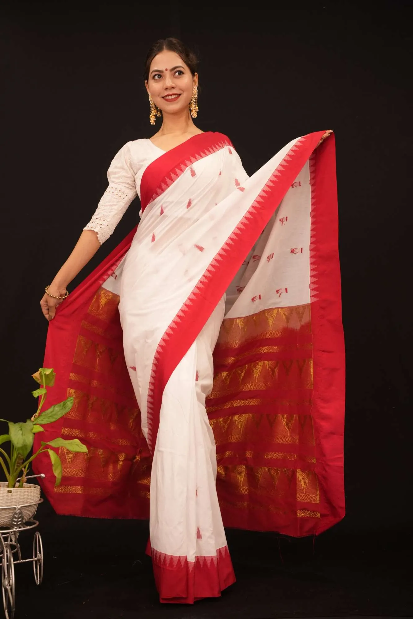 White With Red Temple Bordered Zari Butta Ornate Palla Pre Drape Saree