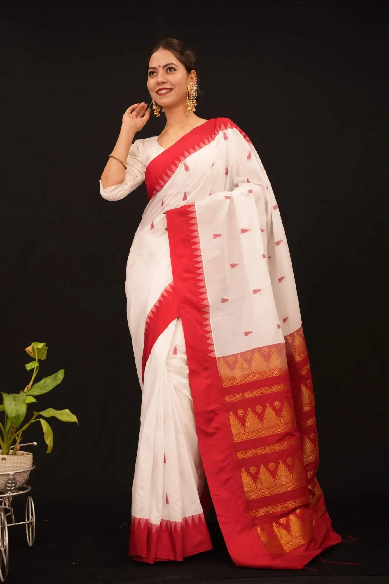 White With Red Temple Bordered Zari Butta Ornate Palla Pre Drape Saree