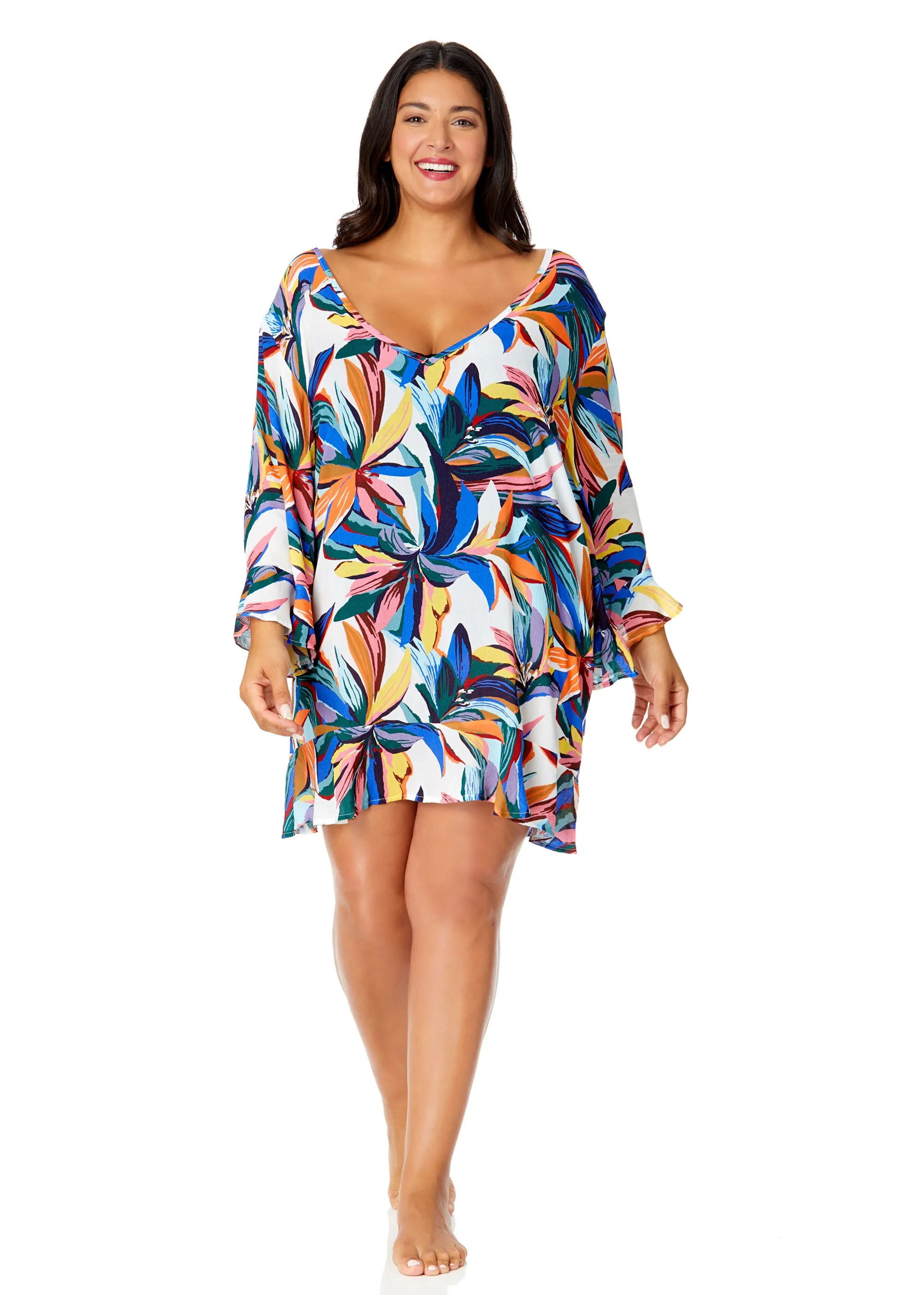 Women's Plus Riviera Floral Flounce V Neck Tunic Swimsuit Cover Up